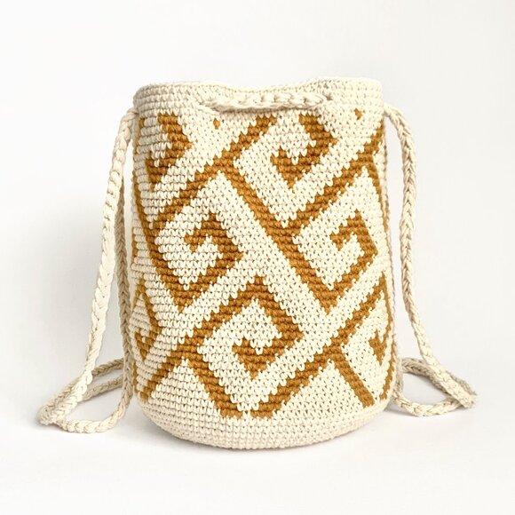 Handbags - Vacation Resort Woven Crochet Geometric Bucket Bag Straps White Mediterranean